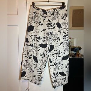 Linen/Cotton Tropical Cream & Black Wide Leg Pants Large